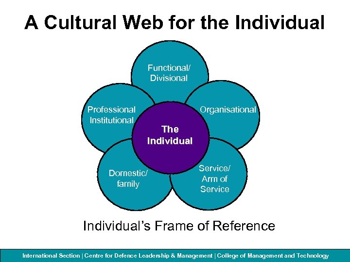 A Cultural Web for the Individual Functional/ Divisional Professional Institutional Organisational The Individual Domestic/