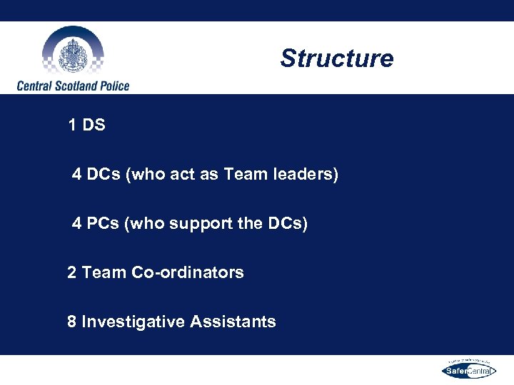 Structure 1 DS 4 DCs (who act as Team leaders) 4 PCs (who support