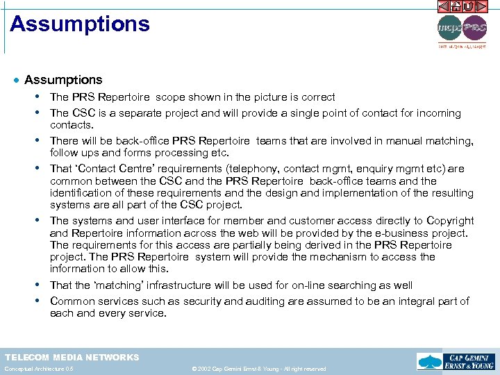 Assumptions · Assumptions The PRS Repertoire scope shown in the picture is correct The
