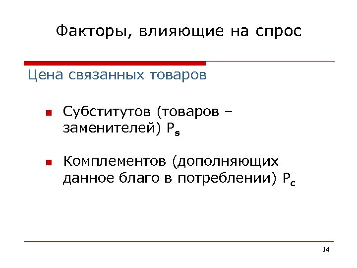 Факторы, влияющие на спрос Цена связанных товаров n n Субститутов (товаров – заменителей) Ps