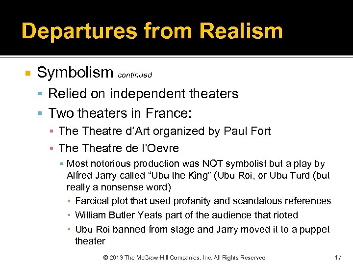 Departures from Realism Symbolism continued Relied on independent theaters Two theaters in France: ▪