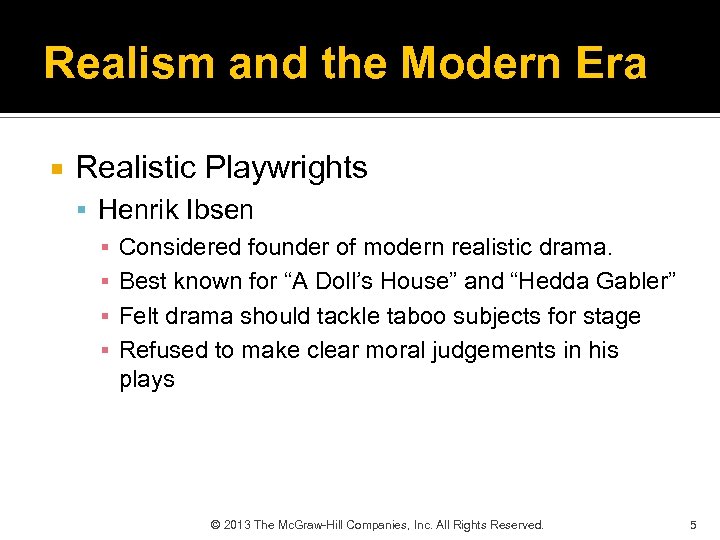 Realism and the Modern Era Realistic Playwrights Henrik Ibsen ▪ Considered founder of modern