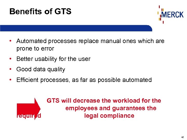 Benefits of GTS • Automated processes replace manual ones which are prone to error