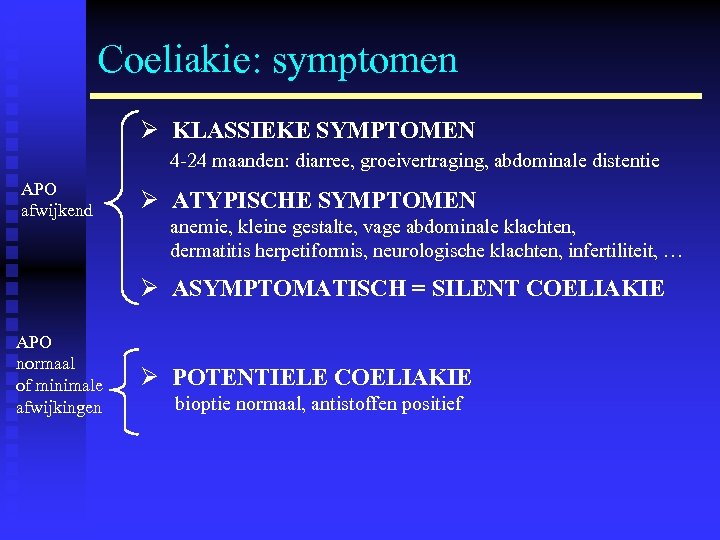 Coeliakie: symptomen Ø KLASSIEKE SYMPTOMEN 4 -24 maanden: diarree, groeivertraging, abdominale distentie APO afwijkend