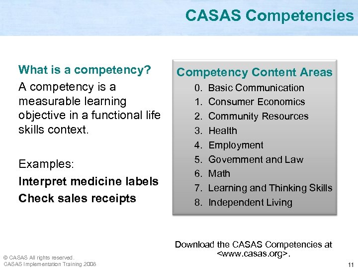 CASAS Competencies What is a competency? A competency is a measurable learning objective in
