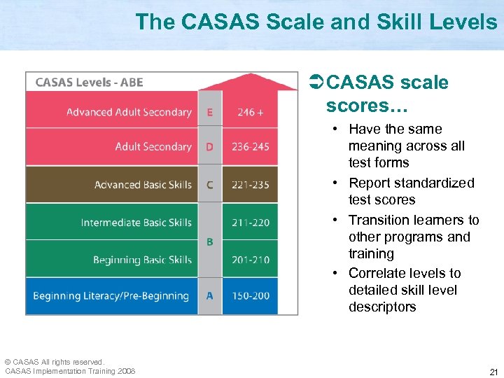 The CASAS Scale and Skill Levels Ü CASAS scale scores… • Have the same