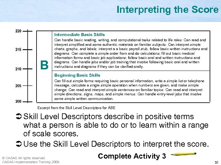 Interpreting the Score Intermediate Basic Skills B Can handle basic reading, writing, and computational