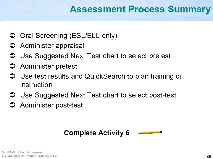 Assessment Process Summary Ü Ü Ü Oral Screening (ESL/ELL only) Administer appraisal Use Suggested