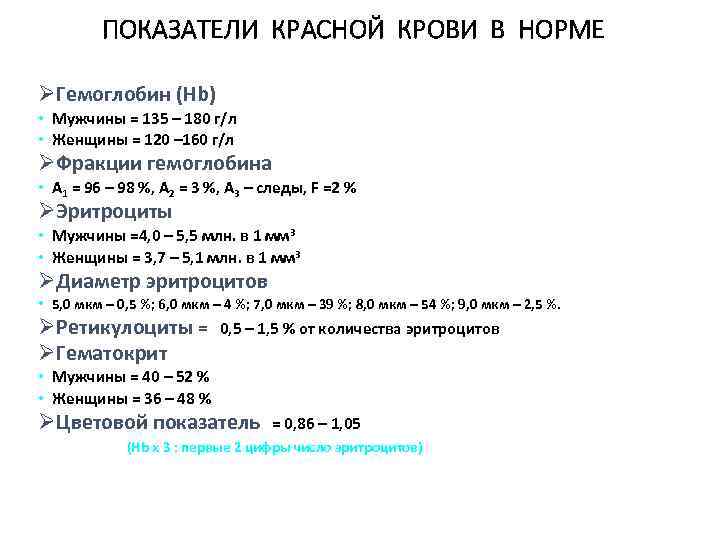 ПОКАЗАТЕЛИ КРАСНОЙ КРОВИ В НОРМЕ ØГемоглобин (Hb) • Мужчины = 135 – 180 г/л