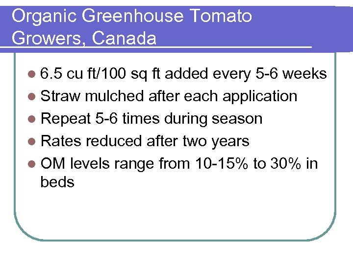 Organic Greenhouse Tomato Growers, Canada l 6. 5 cu ft/100 sq ft added every
