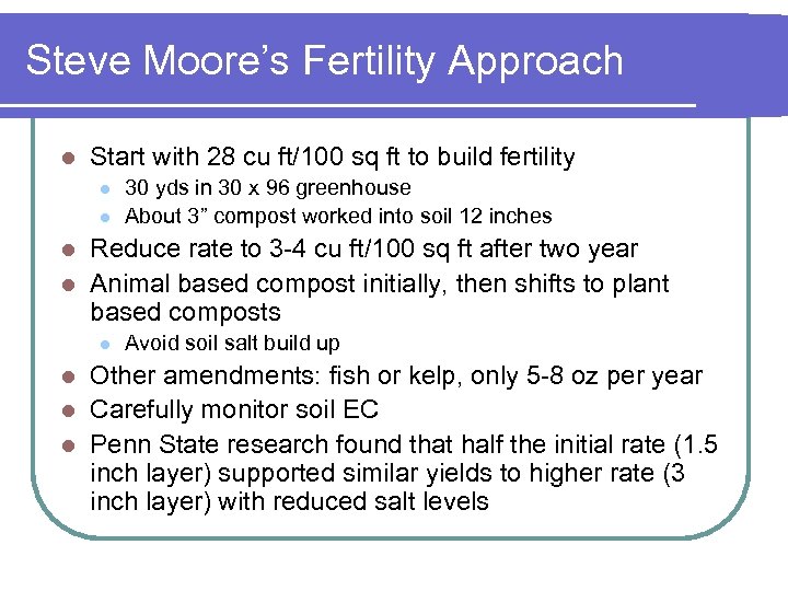 Steve Moore’s Fertility Approach l Start with 28 cu ft/100 sq ft to build