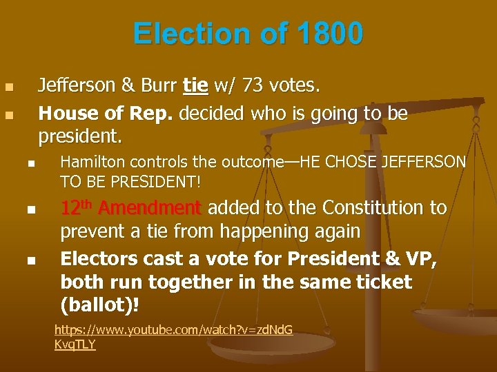 Election of 1800 Jefferson & Burr tie w/ 73 votes. House of Rep. decided