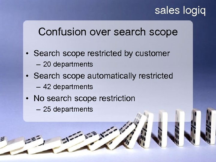 sales logiq Confusion over search scope • Search scope restricted by customer – 20