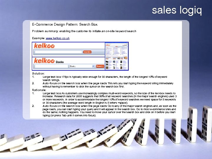 sales logiq E-Commerce Design Pattern: Search Box Problem summary: enabling the customer to initiate
