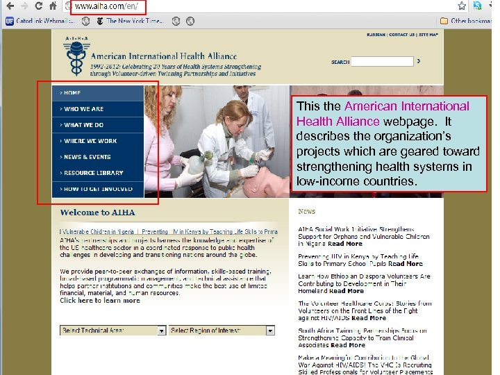 This the American International Health Alliance webpage. It describes the organization’s projects which are