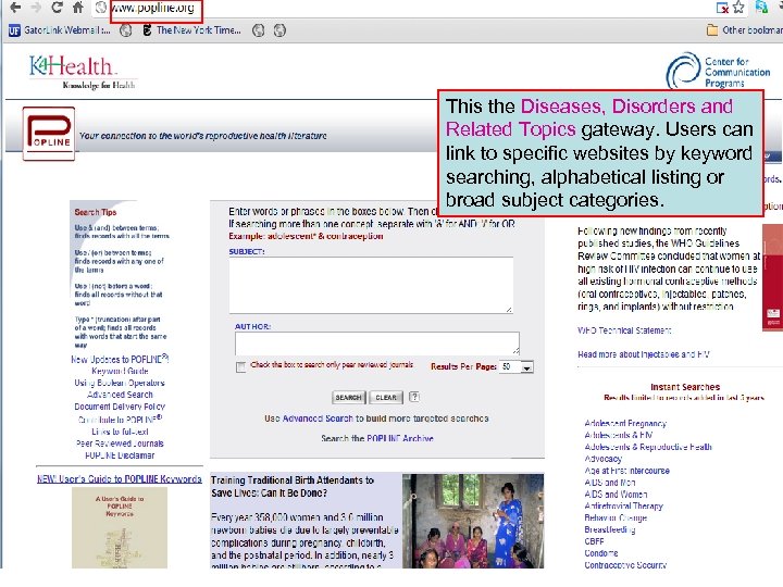 This the Diseases, Disorders and Related Topics gateway. Users can link to specific websites