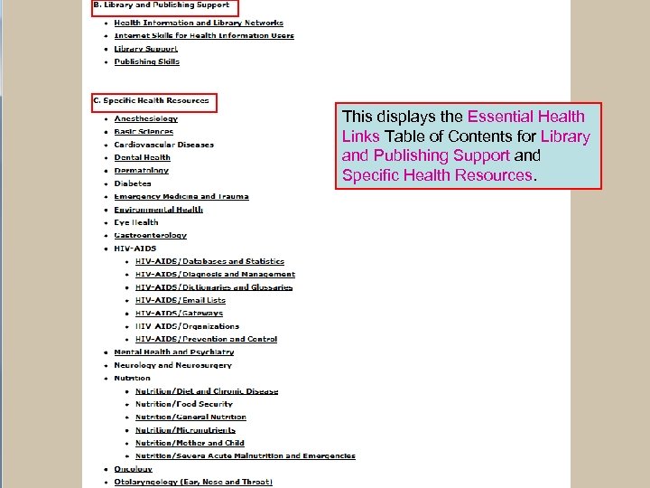 This displays the Essential Health Links Table of Contents for Library and Publishing Support