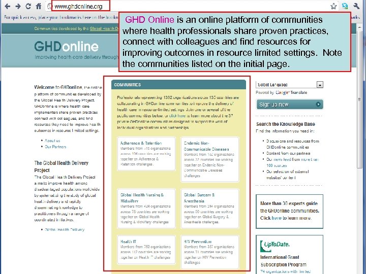  GHD Online is an online platform of communities where health professionals share proven