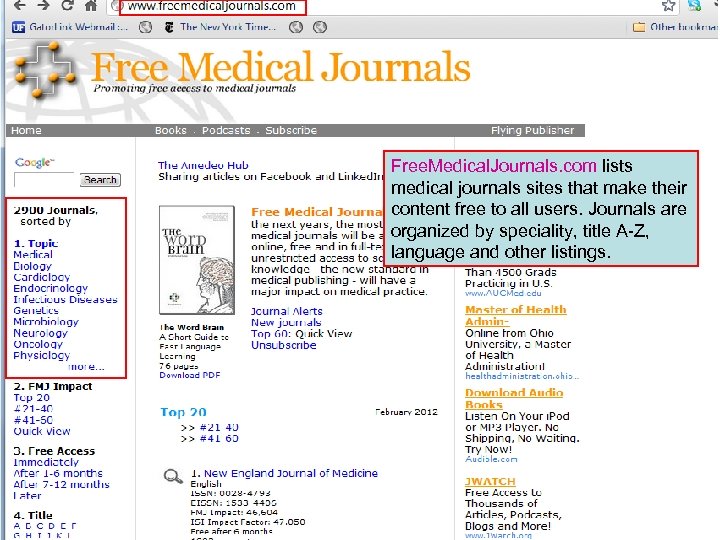 Free. Medical. Journals. com lists medical journals sites that make their content free to