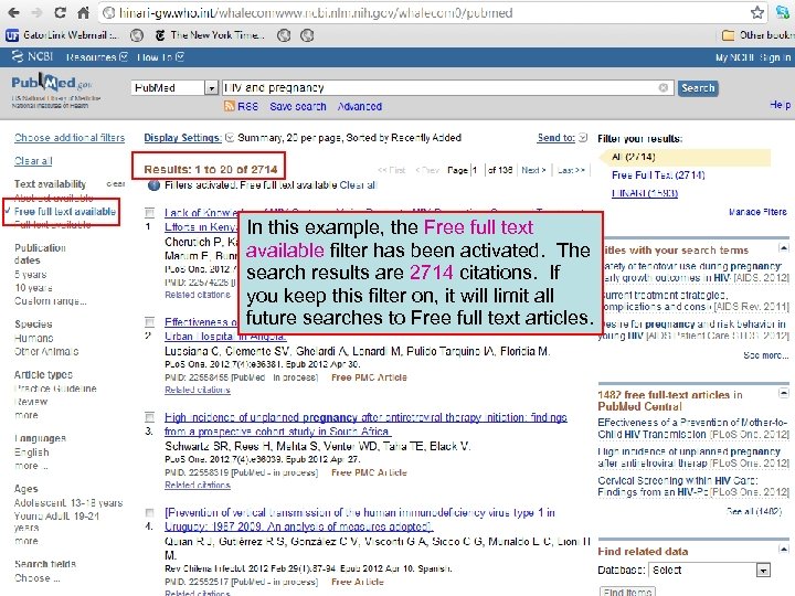 In this example, the Free full text available filter has been activated. The search