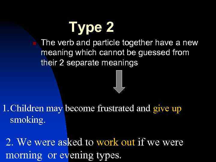 Type 2 n The verb and particle together have a new meaning which cannot