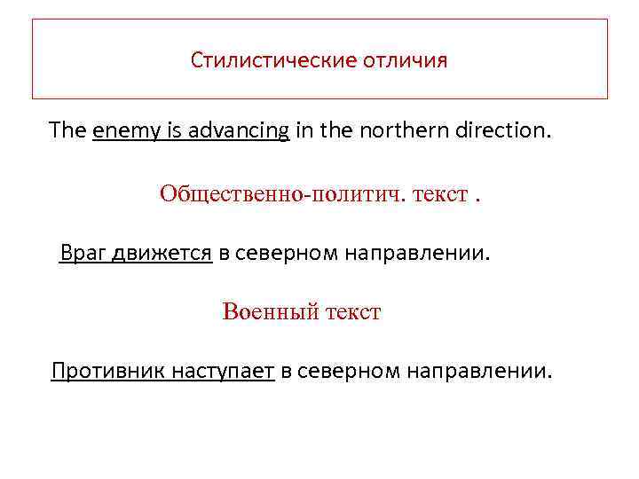 Стилистические отличия The enemy is advancing in the northern direction. Общественно-политич. текст. Враг движется