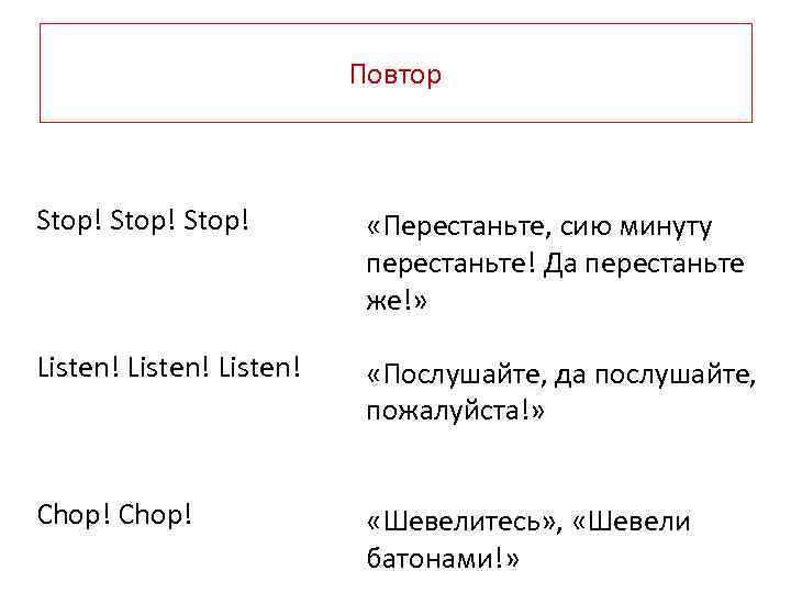 Повтор Stop! «Перестаньте, сию минуту перестаньте! Да перестаньте же!» Listen! «Послушайте, да послушайте, пожалуйста!»