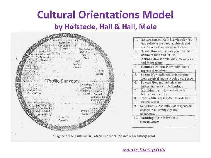 Cultural Orientations Model by Hofstede, Hall & Hall, Mole • Лекция 1 Source: tmcorp.