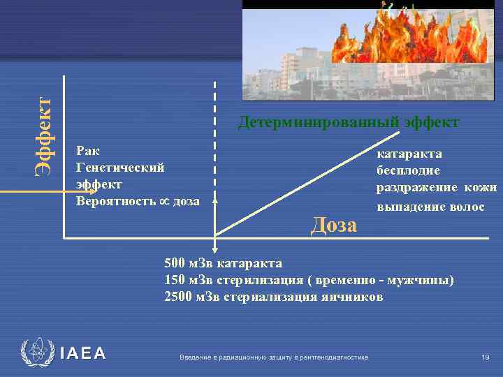 Эффект Детерминированный эффект Рак Генетический эффект Вероятность доза Доза катаракта бесплодие раздражение кожи выпадение