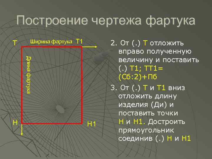 Построение чертежа фартука Т Ширина фартука Т 1 Длина фартука Н Н 1 2.