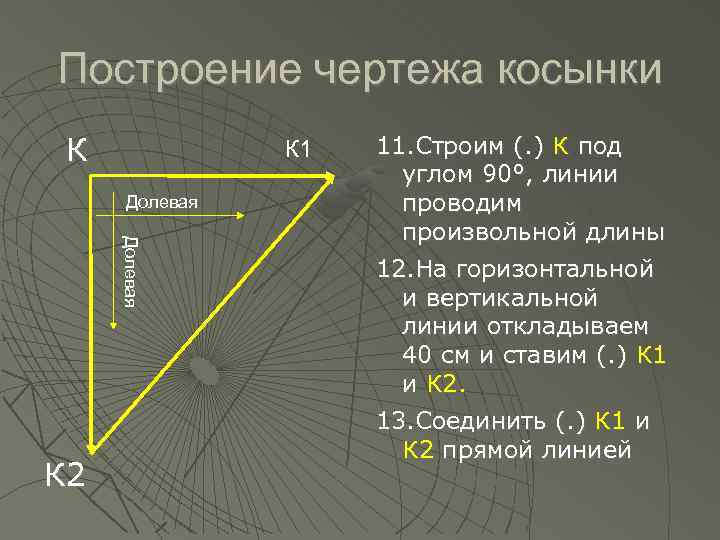 Построение чертежа косынки К К 1 Долевая К 2 11. Строим (. ) К