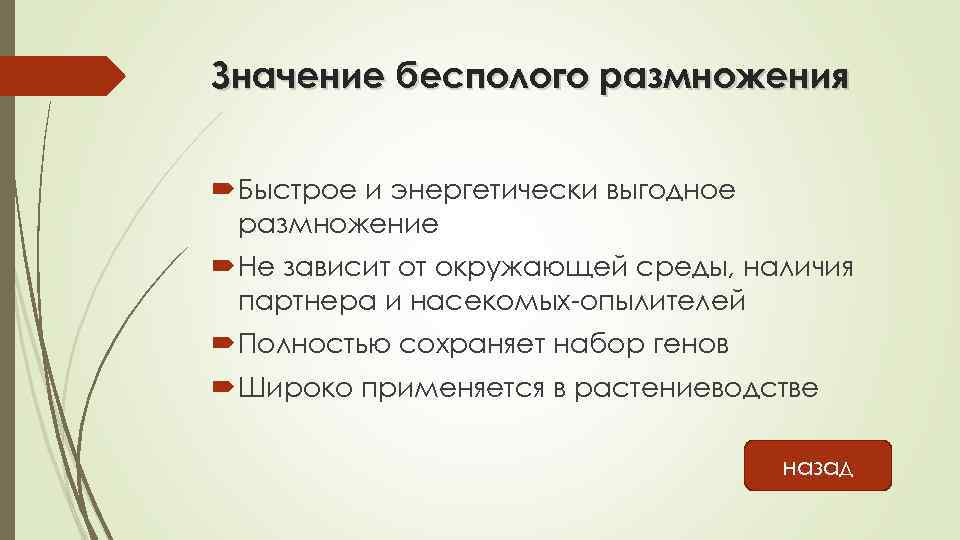 Значение бесполого размножения Быстрое и энергетически выгодное размножение Не зависит от окружающей среды, наличия