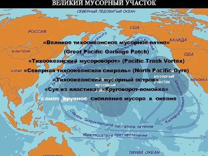  «Великое тихоокеанское мусорное пятно» (Great Pacific Garbage Patch) «Тихоокеанский мусороворот» (Pacific Trash Vortex)