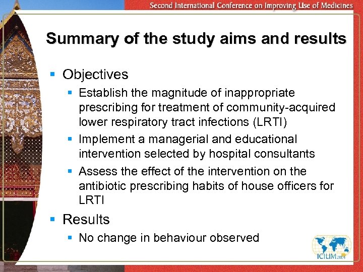 Summary of the study aims and results § Objectives § Establish the magnitude of