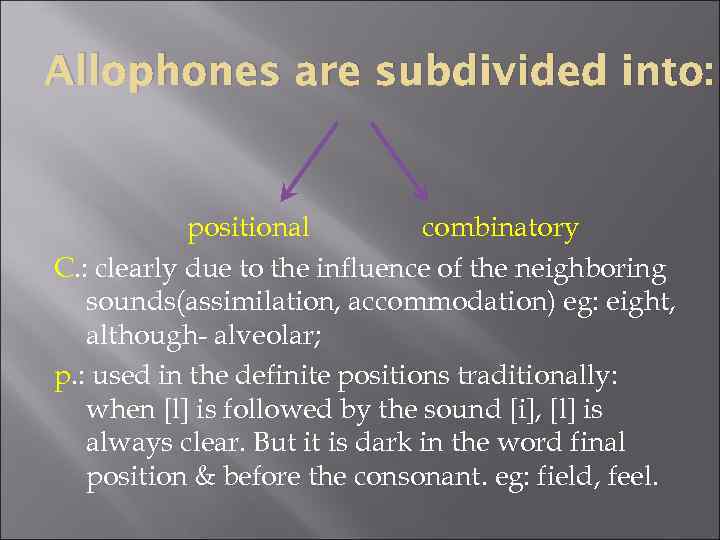 Allophones are subdivided into: positional combinatory C. : clearly due to the influence of