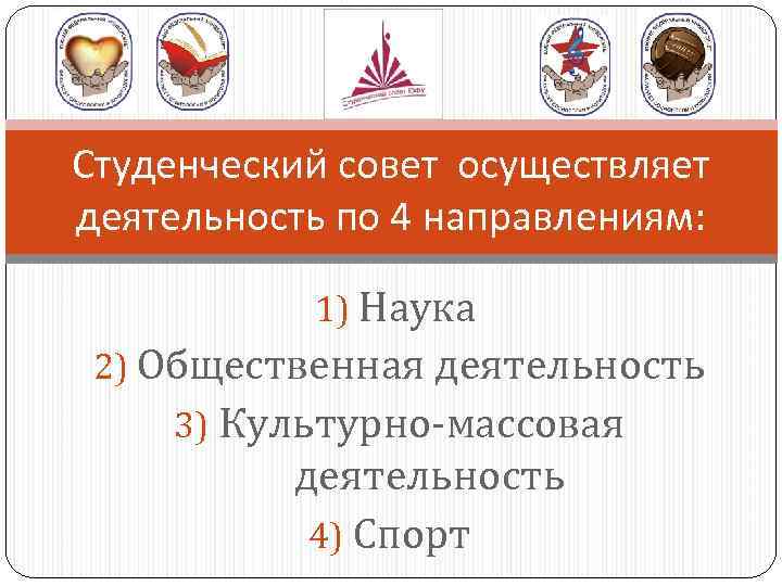 Студенческий совет осуществляет деятельность по 4 направлениям: 1) Наука 2) Общественная деятельность 3) Культурно-массовая