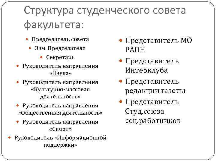 Структура студенческого совета факультета: Председатель совета Зам. Председателя Секретарь Руководитель направления «Наука» Руководитель направления