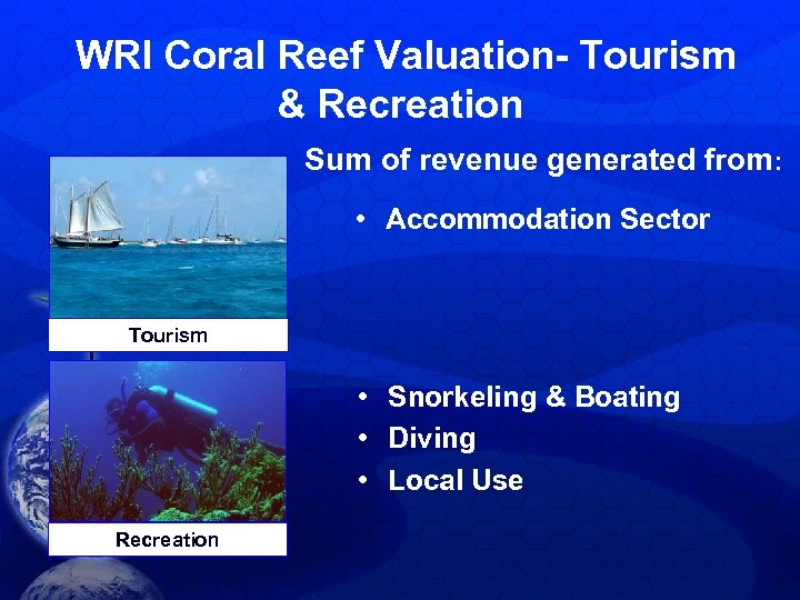 WRI Coral Reef Valuation- Tourism & Recreation Sum of revenue generated from: • Accommodation