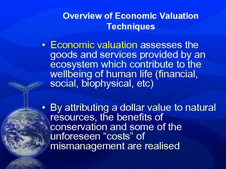 Overview of Economic Valuation Techniques • Economic valuation assesses the goods and services provided