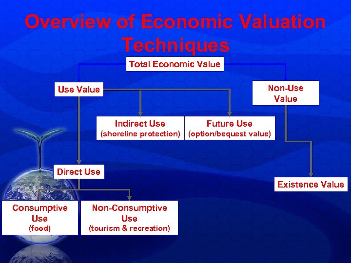 Overview of Economic Valuation Techniques Total Economic Value Non-Use Value Indirect Use Future Use
