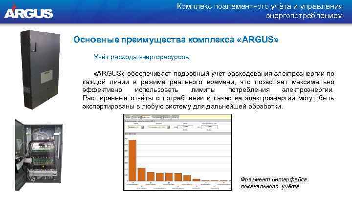 Комплекс поэлементного учёта и управления энергопотреблением Основные преимущества комплекса «ARGUS» Учёт расхода энергоресурсов. «ARGUS»