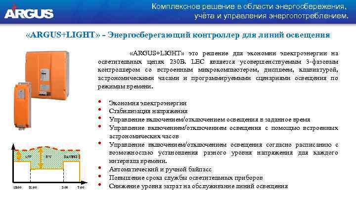 Комплексное решение в области энергосбережения, учёта и управления энергопотреблением. «ARGUS+LIGHT» - Энергосберегающий контроллер для