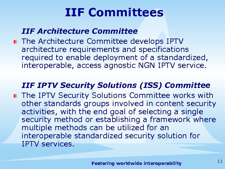 IIF Committees IIF Architecture Committee The Architecture Committee develops IPTV architecture requirements and specifications