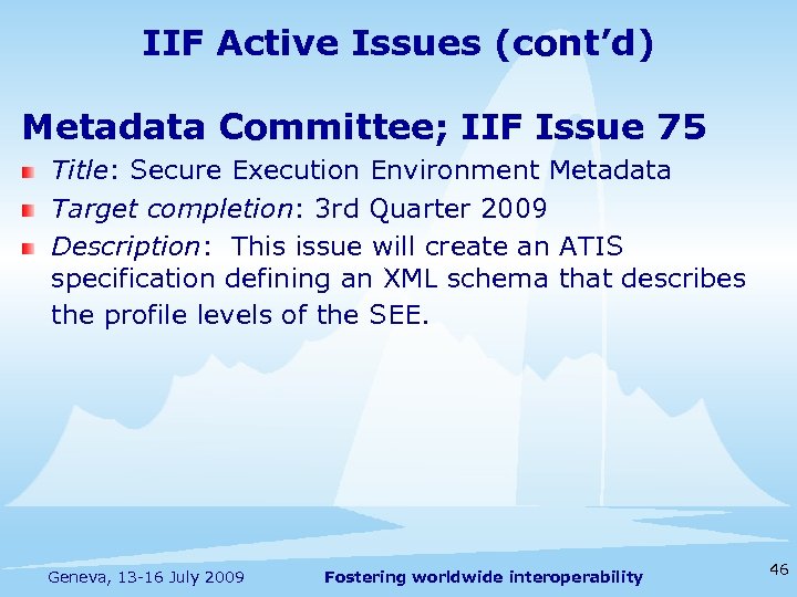 IIF Active Issues (cont’d) Metadata Committee; IIF Issue 75 Title: Secure Execution Environment Metadata