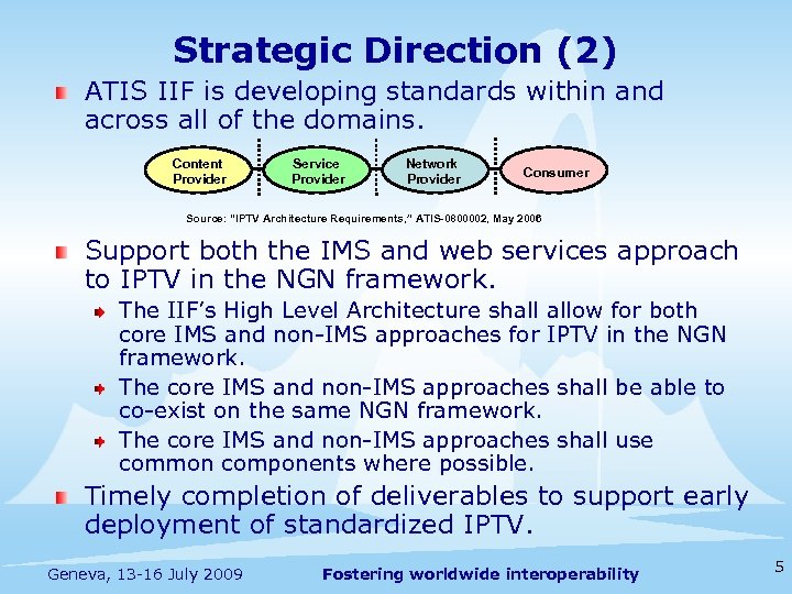 Strategic Direction (2) ATIS IIF is developing standards within and across all of the