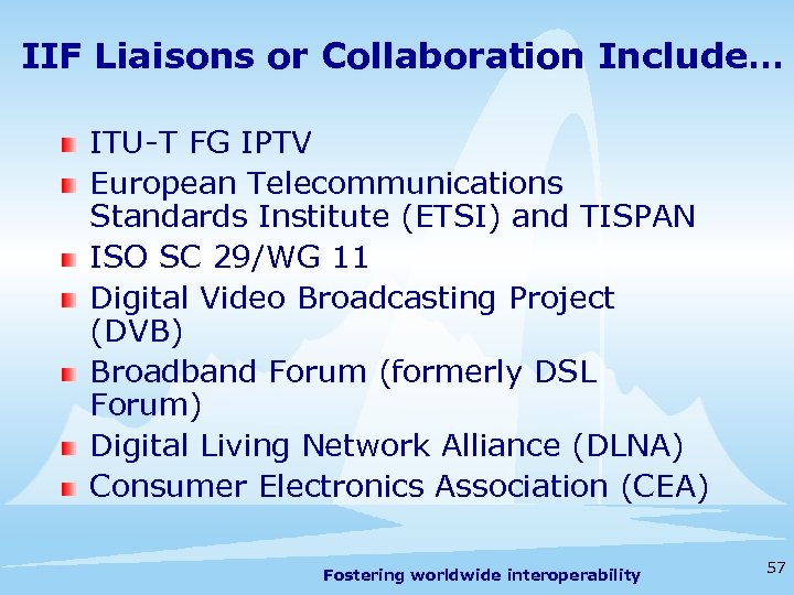 IIF Liaisons or Collaboration Include… ITU-T FG IPTV European Telecommunications Standards Institute (ETSI) and