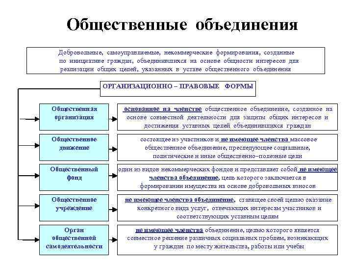 Общественные объединения Добровольные, самоуправляемые, некоммерческие формирования, созданные по инициативе граждан, объединившихся на основе общности