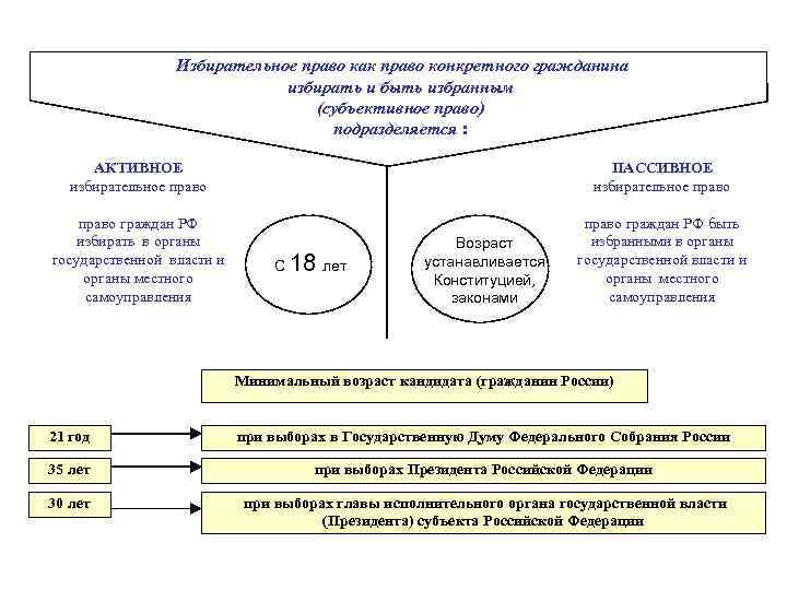 Избирательное право как право конкретного гражданина избирать и быть избранным (субъективное право) подразделяется :