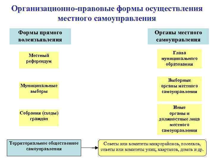 Организационно-правовые формы осуществления местного самоуправления Формы прямого волеизъявления Органы местного самоуправления Местный референдум Глава