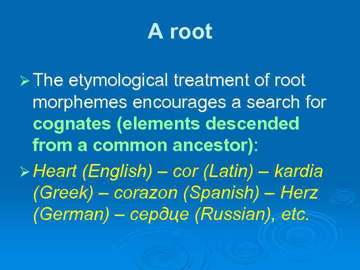 A root Ø The etymological treatment of root morphemes encourages a search for cognates